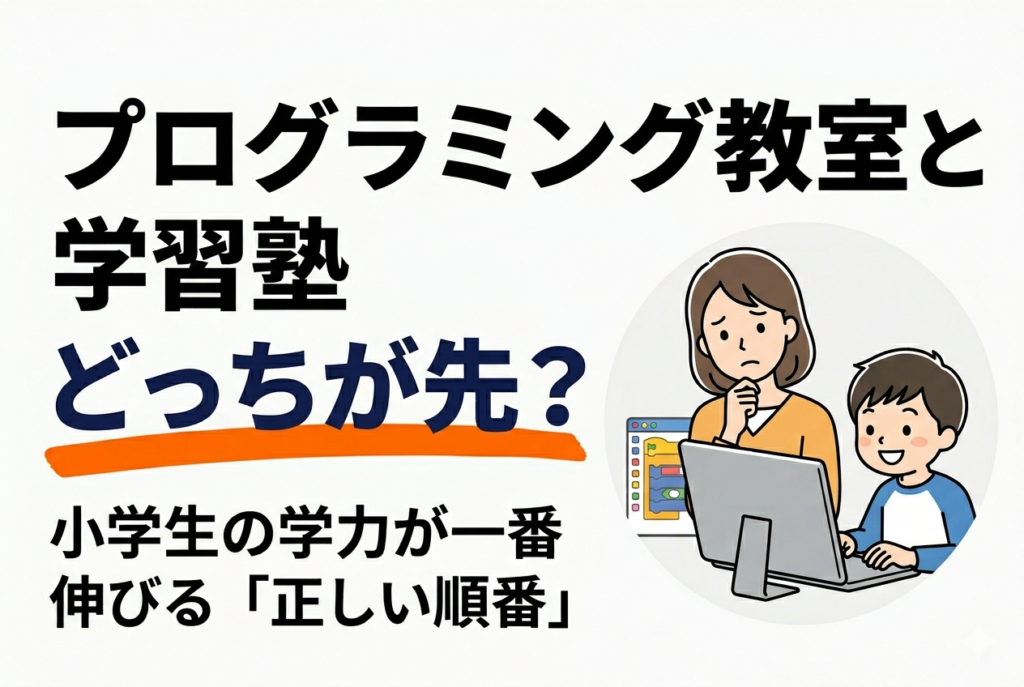 パソコンに向かって笑顔でプログラミングを学ぶ子どもとそれを見守る講師